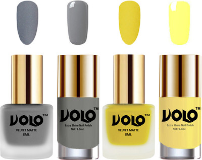

Volo Extra Shine AND Dull Velvet Matte Nail Polish Duo Combo Grey, Yellow, Grey, Yellow(Pack of 4)