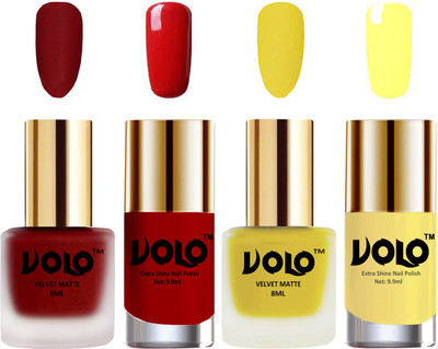 

Volo Extra Shine AND Dull Velvet Matte Nail Polish Duo Combo Tomato Red, Yellow, Red, Yellow(Pack of 4)