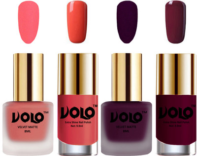 

Volo Extra Shine AND Dull Velvet Matte Nail Polish Duo Combo Dark Peach, Light Wine, Peach Crush, Wine(Pack of 4)