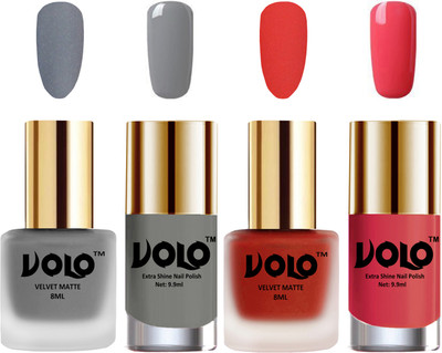 

Volo Extra Shine AND Dull Velvet Matte Nail Polish Duo Combo Grey, Coral, Grey, Light Pink(Pack of 4)