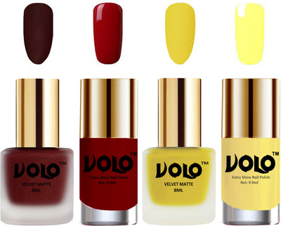 

Volo Extra Shine AND Dull Velvet Matte Nail Polish Duo Combo Maroon, Yellow, Red, Yellow(Pack of 4)