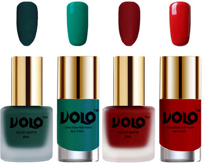 

Volo Extra Shine AND Dull Velvet Matte Nail Polish Duo Combo Dark Green, Tomato Red, Radium Green, Red(Pack of 4)