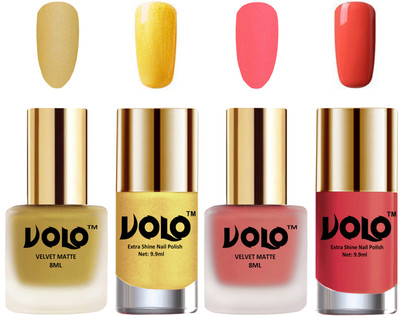 

Volo Extra Shine AND Dull Velvet Matte Nail Polish Duo Combo Metallic Golden, Dark Peach, Gold Chrome, Peach Crush(Pack of 4)