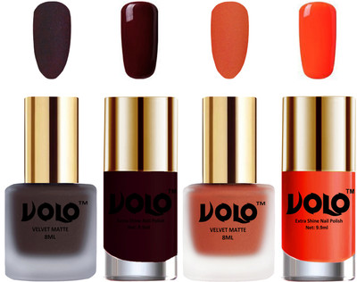 Volo Extra Shine AND Dull Velvet Matte Nail Polish Duo Combo Dark Coffee, Orange, Maroon, Coral(Pack of 4)