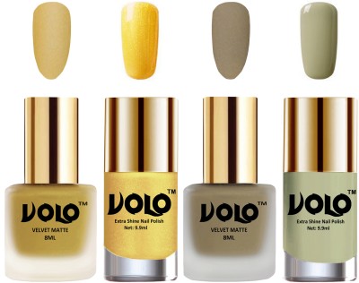 

Volo Extra Shine AND Dull Velvet Matte Nail Polish Duo Combo Metallic Golden, Sand Nude, Gold Chrome, Mischievous Mint(Pack of 4)