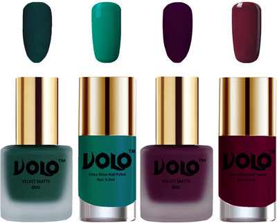 

Volo Extra Shine AND Dull Velvet Matte Nail Polish Duo Combo Dark Green, Light Wine, Radium Green, Wine(Pack of 4)