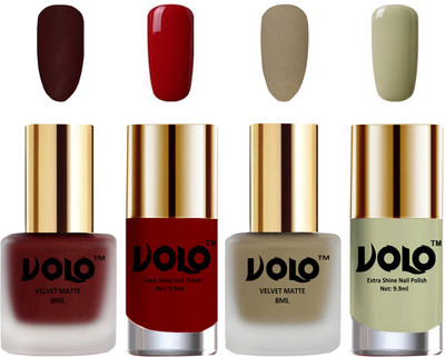 

Volo Extra Shine AND Dull Velvet Matte Nail Polish Duo Combo Maroon, Sand Nude, Red, Mischievous Mint(Pack of 4)