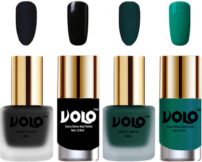 

Volo Extra Shine AND Dull Velvet Matte Nail Polish Duo Combo Black, Dark Green, Black, Radium Green(Pack of 4)