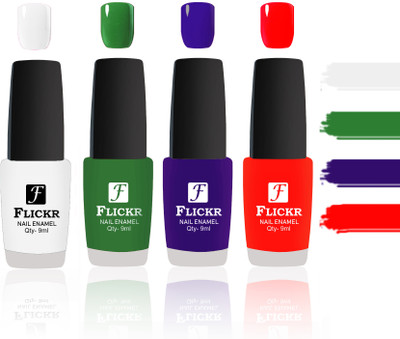 

Flickr Evergreen Nail Polish Combo With Single Coat Application White, Green, Blue, Red(Pack of 4)