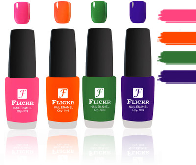 

Flickr Evergreen Nail Polish Combo With Single Coat Application Peach, Orange, Green, Blue(Pack of 4)