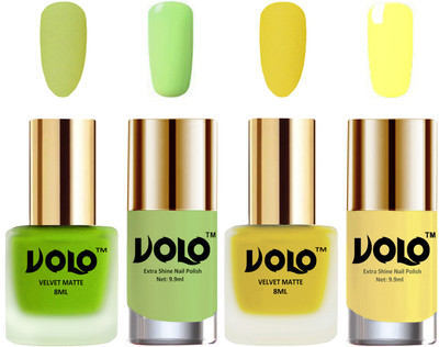 

Volo Extra Shine AND Dull Velvet Matte Nail Polish Duo Combo Parrot Green, Yellow, Parrot Green, Yellow(Pack of 4)