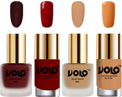 

Volo Extra Shine AND Dull Velvet Matte Nail Polish Duo Combo Maroon, Skin Nude, Red, Flirty Nude(Pack of 4)