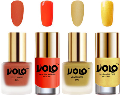 

Volo Extra Shine AND Dull Velvet Matte Nail Polish Duo Combo Orange, Metallic Golden, Coral, Gold Chrome(Pack of 4)