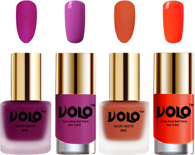 

Volo Extra Shine AND Dull Velvet Matte Nail Polish Duo Combo Magenta, Orange, Bright Plum, Coral(Pack of 4)