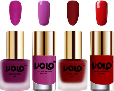 

Volo Extra Shine AND Dull Velvet Matte Nail Polish Duo Combo Magenta, Tomato Red, Bright Plum, Red(Pack of 4)