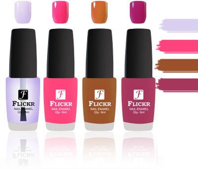 

Flickr Evergreen Nail Polish Combo With Single Coat Application Transparent,Peach,,Brown,Purple(Pack of 4)