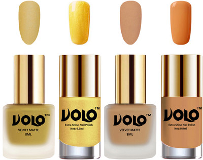 

Volo Extra Shine AND Dull Velvet Matte Nail Polish Duo Combo Metallic Golden, Skin Nude, Gold Chrome, Flirty Nude(Pack of 4)