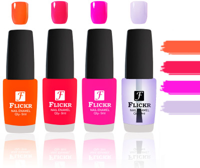

Flickr Evergreen Nail Polish Combo With Single Coat Application Orange, Sweet Red, Pink, Transparent(Pack of 4)