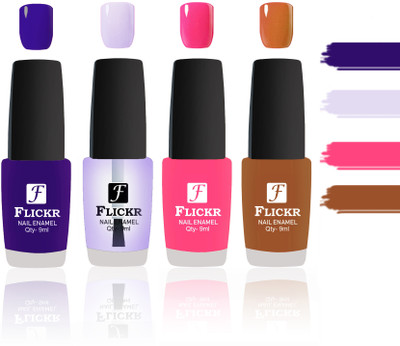 

Flickr Evergreen Nail Polish Combo With Single Coat Application Blue,Transparent,Peach,Brown(Pack of 4)