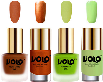 

Volo Extra Shine AND Dull Velvet Matte Nail Polish Duo Combo Metallic Coral, Parrot Green, Red Gold, Parrot Green(Pack of 4)