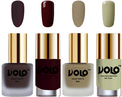 

Volo Extra Shine AND Dull Velvet Matte Nail Polish Duo Combo Dark Coffee, Sand Nude, Maroon, Mischievous Mint(Pack of 4)