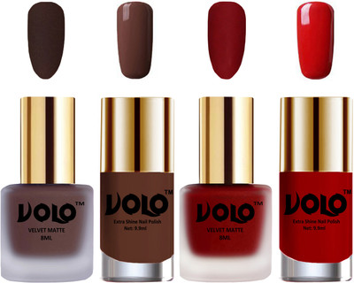 

Volo Extra Shine AND Dull Velvet Matte Nail Polish Duo Combo Chocolate Brown, Tomato Red, Chocolate Brown, Red(Pack of 4)