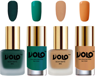 

Volo Extra Shine AND Dull Velvet Matte Nail Polish Duo Combo Dark Green, Skin Nude, Radium Green, Flirty Nude(Pack of 4)