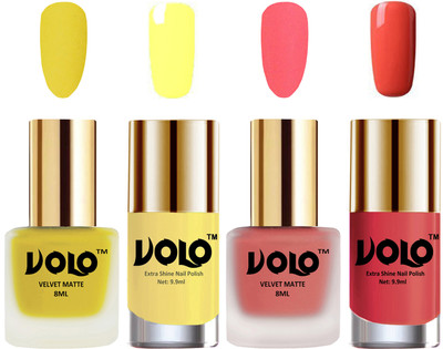 

Volo Extra Shine AND Dull Velvet Matte Nail Polish Duo Combo Yellow, Dark Peach, Yellow, Peach Crush(Pack of 4)
