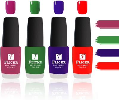 

Flickr Evergreen Nail Polish Combo With Single Coat Application Purple, Green, Blue, Red(Pack of 4)