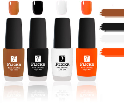 

Flickr Evergreen Nail Polish Combo With Single Coat Application Brown, Black, White, Orange(Pack of 4)