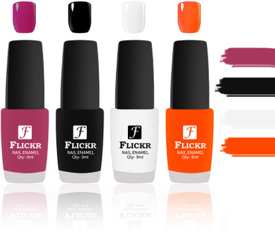 

Flickr Evergreen Nail Polish Combo With Single Coat Application Purple, Black, White, Orange(Pack of 4)