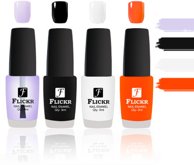 

Flickr Evergreen Nail Polish Combo With Single Coat Application Transaparent,Black,White,Orange(Pack of 4)