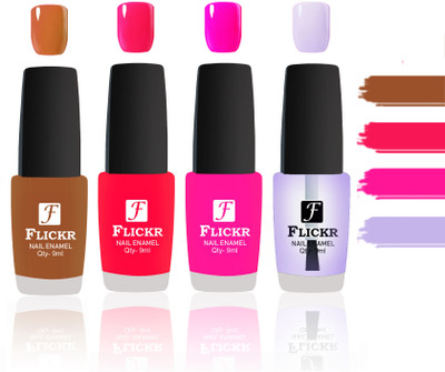

Flickr Evergreen Nail Polish Combo With Single Coat Application Brown, Sweet Red, Pink, Transparent(Pack of 4)