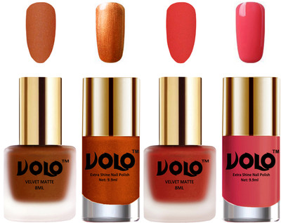 

Volo Extra Shine AND Dull Velvet Matte Nail Polish Duo Combo Metallic Coral, Coral, Red Gold, Light Pink(Pack of 4)