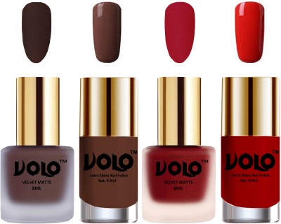 Volo Extra Shine AND Dull Velvet Matte Nail Polish Duo Combo-No-14 Reddish Orange, Passion Red, Chocolate Brown(Pack of 4)