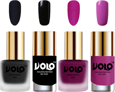 

Volo Extra Shine AND Dull Velvet Matte Nail Polish Duo Combo Black, Magenta, Black, Bright Plum(Pack of 4)