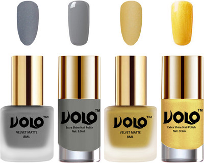 Volo Extra Shine AND Dull Velvet Matte Nail Polish Duo Combo Grey, Metallic Golden, Grey, Gold Chrome(Pack of 4)