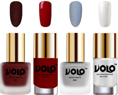 

Volo Extra Shine AND Dull Velvet Matte Nail Polish Duo Combo Maroon, Metallic Silver, Red, Metallic Silver(Pack of 4)