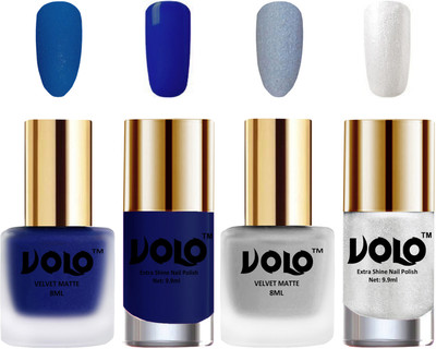 

Volo Extra Shine AND Dull Velvet Matte Nail Polish Duo Combo Blue, Metallic Silver, Royal Blue, Metallic Silver(Pack of 4)