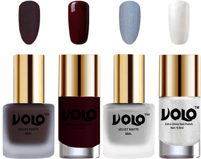

Volo Extra Shine AND Dull Velvet Matte Nail Polish Duo Combo Dark Coffee, Metallic Silver, Maroon, Metallic Silver(Pack of 4)