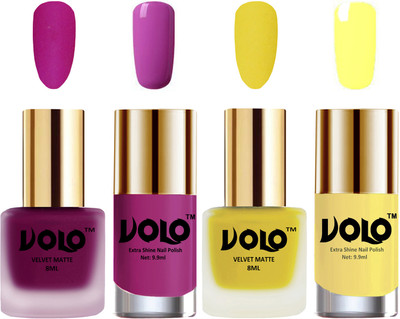 

Volo Extra Shine AND Dull Velvet Matte Nail Polish Duo Combo Magenta, Yellow, Bright Plum, Yellow(Pack of 4)