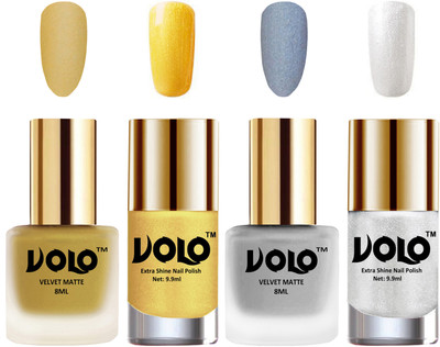 

Volo Extra Shine AND Dull Velvet Matte Nail Polish Duo Combo Metallic Golden, Metallic Silver, Gold Chrome, Metallic Silver(Pack of 4)