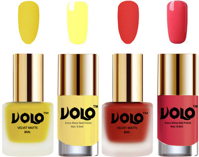 

Volo Extra Shine AND Dull Velvet Matte Nail Polish Duo Combo Yellow, Coral, Yellow, Light Pink(Pack of 4)