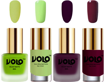 

Volo Extra Shine AND Dull Velvet Matte Nail Polish Duo Combo Parrot Green, Light Wine, Parrot Green, Wine(Pack of 4)