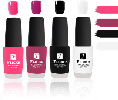 

Flickr Evergreen Nail Polish Combo With Single Coat Application Peach, Purple,Black, White(Pack of 4)
