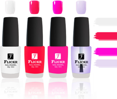 

Flickr Evergreen Nail Polish Combo With Single Coat Application White, Sweet Red, Pink, Transparent(Pack of 4)