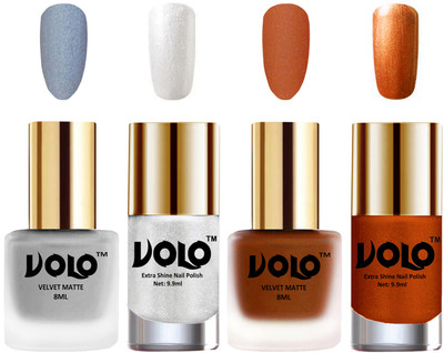 

Volo Extra Shine AND Dull Velvet Matte Nail Polish Duo Combo Metallic Silver, Metallic Coral, Metallic Silver, Red Gold(Pack of 4)