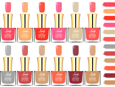 

Lady Fashion Extra Shine Long Wear Durable Nail Polish Combo (Set of 12) Peach, Nude, Baby Pink, Mauve, Darke Nude, Skin Color, Voilet, Purple, Orange(Pack of 12)