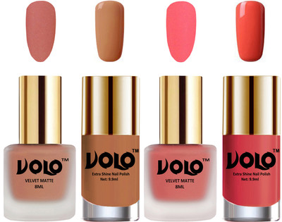 

Volo Extra Shine AND Dull Velvet Matte Nail Polish Duo Combo Light Peach, Dark Peach, Nude, Peach Crush(Pack of 4)