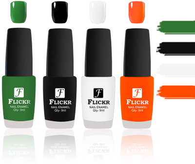 

Flickr Evergreen Nail Polish Combo With Single Coat Application Green,Black,White,Orange(Pack of 4)